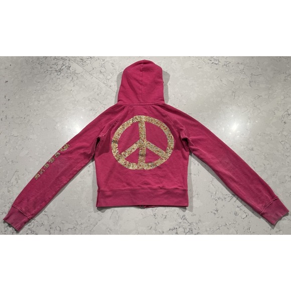 PINK Victoria's Secret Tops - VTG‎ Victoria's Secret PINK Hoodie Womens Medium Rhinestone Bling Peace Sign Y2K